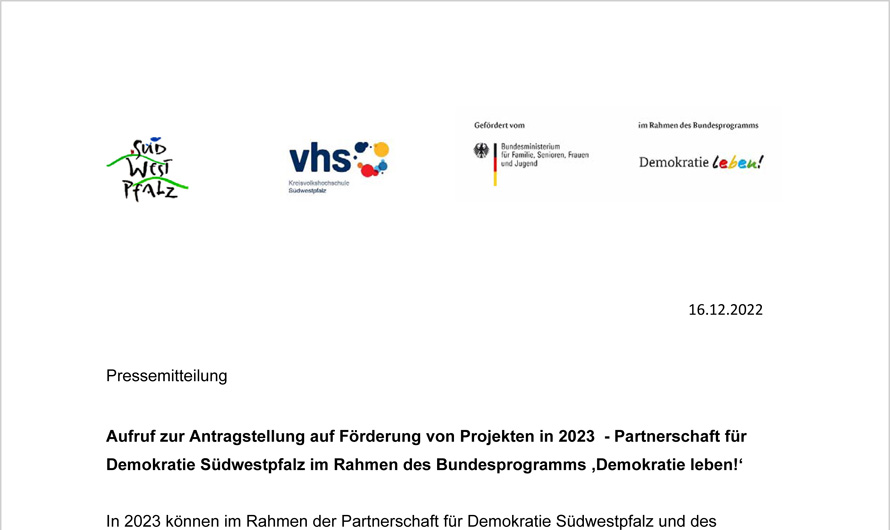 Aufruf zur Antragstellung auf Förderung von Projekten in 2023